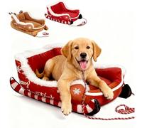 Genérico Christmas Sleigh Dog Bed, Funny Santa Sleigh Pet Warm Bed, Detachable and Washable, with Non-Slip Base, Christmas Plush Dog Beds, For Winter Indoor Outdoor (Red,Medium)