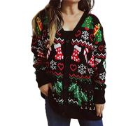 Genérico Christmas Sweater - Suéter Mujer Suéter de Punto con temática navideña para Mujer Informal de Manga Larga con un Pecho y Cuello en V cárdigan con Estampado navideño suéter Abrigo (Black L)