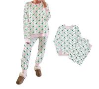 Genérico Christmas Trees and Bows Pajama Set - 2 Piece Long Sleeve & Print PJs, Cute Contrast Striped Banding Lounge for Xmas Party (Green,XL)