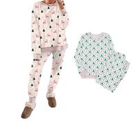 Genérico Christmas Trees and Bows Pajama Set - 2 Piece Long Sleeve & Print PJs, Cute Contrast Striped Banding Lounge for Xmas Party (Pink,M)