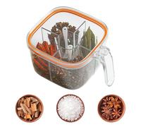Genérico Clear Seasoning Box - 4-Compartment Sealed Storage Container 17.1×13.6×9.2cm | Divided Multi-Grid Jar For Kitchen, Cabinet, Pantry, Or Refrigerator | PET + Silicone, 800ml, Orange & Green