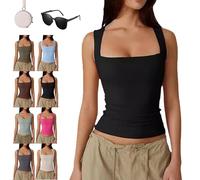Genérico Cleargget Tank Top, Cleargget Clergment Women's Square Neck Sleeveless Double-Layer Tank Tops Basic Tight T Shirts (Black,M)