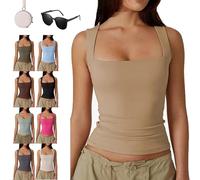 Genérico Cleargget Tank Top, Cleargget Clergment Women's Square Neck Sleeveless Double-Layer Tank Tops Basic Tight T Shirts (Khaki,M)