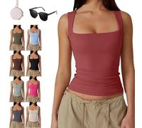 Genérico Cleargget Tank Top, Cleargget Clergment Women's Square Neck Sleeveless Double-Layer Tank Tops Basic Tight T Shirts (Wine,L)