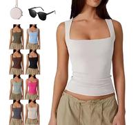 Genérico Cleargget Tank Top, Cleargget Clergment Women's Square Neck Sleeveless Double-Layer Tank Tops Basic Tight T Shirts (White,M)
