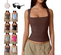Genérico Cleargget Tank Top, Cleargget Clergment Women's Square Neck Sleeveless Double-Layer Tank Tops Basic Tight T Shirts (Coffee,XL)
