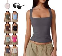 Genérico Cleargget Tank Top, Cleargget Clergment Women's Square Neck Sleeveless Double-Layer Tank Tops Basic Tight T Shirts (Gray,S)