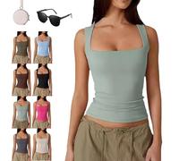 Genérico Cleargget Tank Top, Cleargget Clergment Women's Square Neck Sleeveless Double-Layer Tank Tops Basic Tight T Shirts (Green,XL)