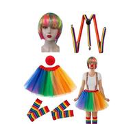 Genérico Clown Costume, Carnival Dress Set, Rainbow Outfit with Wig and Skirt, Vibrant Performance Build, Soft Synthetic Fabric, Thematic Ensemble with Style Cosplay Costume for Stage Events