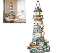 Genérico Coastal Driftwood Lighthouse Wall Decor, Illuminated Wooden Lighthouse Wall Hanging with Starfish & Seashell, Rustic Ocean Driftwood Ornament for Bathroom,Living Rooms
