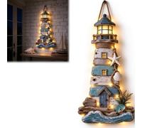 Genérico Coastal Driftwood Lighthouse Wall Decor, Illuminated Wooden Lighthouse Wall Hanging with Starfish & Seashell, Rustic Ocean Driftwood Ornament for Bathroom,Living Rooms