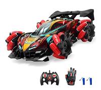 Genérico Coche RC Acrobático, Derrape Lateral 360°, Mando A Distancia con Guante, Enlace Música/luz, Función Pulverización, Alerón Trasero, Juguetes para Niños Y Adultos (Red)