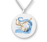 Genérico Collar con Colgante de Dioses Griegos, Acero Inoxidable, 35mm, Grabado Láser a Color, 60cm, Tema Mitología (Poseidon/Neptune)