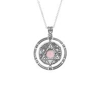 Genérico Collar con Soporte de Cristal Natural, Amuleto Mágico con Doble Anillo Colgante y Cadena de Plata, Collar con Dije de Pentagrama y Pentáculo para Mujeres y Hombres, Cuarzo Rosa.