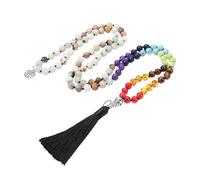 Genérico Collar De 108 Cuentas De Mala Con 7 Chakras, Obsidiana Negra, Árbol De La Vida, Gema Curativa, Meditación, Mala De 8 Mm Con Borla, Piedra De Amazonita Anudada A Mano.