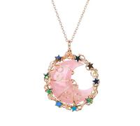 Genérico Collar de Luna Creciente de Cristal,Colgante de Corona de Estrella Dorada con Cadena Dorada,Gargantilla con Dije de Piedra Preciosa Pulida Para Mujeres y Hombres,Cuarzo Rosa.