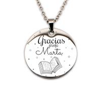 Genérico Collar personalizado para profesor, profesora, colgante medallón doble cara personalizable, acero inoxidable color pleteado, grabado laser, Gracias Profe diseño libro