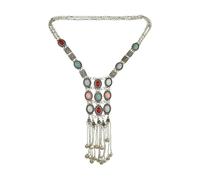 Generico Collar vintage de cadena larga de oro y plata, colgante de cuentas de piedras preciosas artificiales para capas étnicas y suéteres gitanos, talla única, Metal, No es una piedra preciosa