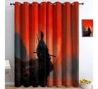 Genérico Color Naranja Cortinas Opacas Fantasía para Dormitorio Hogar Salón, Térmico Cortina Samurái Oscuro Que Empuña Una Espada 2 Piezas contra El Frío con Ojales 140 An X 260 Al Cm