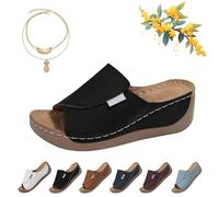 Genérico Comfortable Arch Support Slides,Women's Solid Color Sandals Breathable Summer Orthotic Leather Platform Wedge Sandals (Black,40)