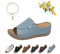 Genérico Comfortable Arch Support Slides,Women's Solid Color Sandals Breathable Summer Orthotic Leather Platform Wedge Sandals (Blue,36)