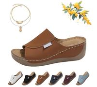 Genérico Comfortable Arch Support Slides,Women's Solid Color Sandals Breathable Summer Orthotic Leather Platform Wedge Sandals (Brown,40)