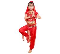 Genérico Conjunto Belly Dance para Niñas 4 Piezas Disfraz Oriental Infantil con Monedas Decorativas Velo Top y Pantalones Cómodos