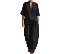 Genérico Conjunto Co-ord Mujer de Lino, Traje de Dos Piezas Camiseta Cuello en V y Pantalones de Pata Ancha, Ropa de Estar en Casa Elegante y Suave, Outfit para Verano y Vacaciones 2026