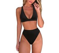 Genérico Conjunto de bikini tanga de cintura alta para mujer, sexy triángulo brasileño, cuello en V profundo, traje de baño de dos piezas, traje de baño simple (01 Negro, L)