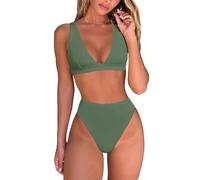 Genérico Conjunto de bikini tanga de cintura alta para mujer, sexy triángulo brasileño, cuello en V profundo, traje de baño de dos piezas, traje de baño simple (Verde militar, XL)