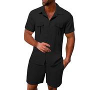 Genérico Conjunto De Camisas Y Pantalones Cortos de Lino Para Hombre, Elástico Juego De Pantalones Cortos De Verano De Verano Unicolor De Manga Corta Juego De Camisetas
