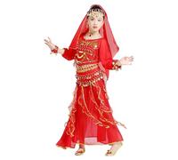Genérico Conjunto de Danza para Niñas 2026, Estilo Étnico Indio, Traje de Danza del Vientre para Espectáculos y Fiestas, Falda y Top de Tul (Red, 4-5 Years)