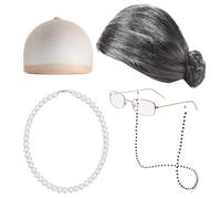 Genérico Conjunto de disfraz de anciana con peluca - Mujeres Robe Granny Peluca Gafas Cadenas Cuerdas Correa Perlas Conjunto | Disfraz de abuelita cosplay para niños y mujeres