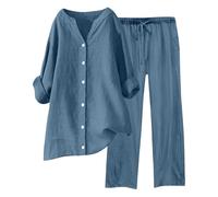 Genérico Conjunto de dos piezas de lino con camisa y pantalón abotonado para mujer, informal, holgado, para playa, para principios de otoño, para verano y resort. Comodidad cómodo de llevar