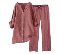 Genérico Conjunto de dos piezas de lino con camisa y pantalón abotonado para mujer, informal, holgado, para playa, para principios de otoño, para verano y resort. Comodidad cómodo de llevar