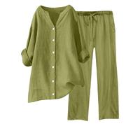 Genérico Conjunto de dos piezas de lino con camisa y pantalón abotonado para mujer, informal, holgado, para playa, para principios de otoño, para verano y resort. Comodidad cómodo de llevar