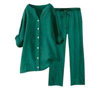 Genérico Conjunto de dos piezas de lino con camisa y pantalón abotonado para mujer, informal, holgado, para playa, para principios de otoño, para verano y resort. Comodidad cómodo de llevar