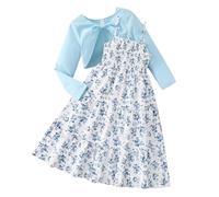 Genérico Conjunto de dos piezas de vestido con estampado floral para niña con cárdigan de manga larga para primavera y otoño. Conjuntos casuales y de fiesta. (Blue, 9-10 Years)