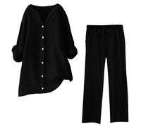 Generico Conjunto de Lino para Mujer de 2 Piezas Pantalón Largo de Verano Traje Elegante Conjunto Casual Set de Verano Camisa y Pantalones de Algodón Conjuntos Ligeros Cómodos Trajes para Mujeres con