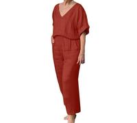 Generico Conjunto de lino para mujer de 2 piezas, pantalón largo, mono elegante y ligero, de manga corta, camisa + pantalones de cintura alta de color liso, cómodo para las vacaciones, rojo, M