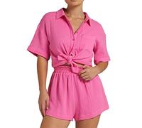 Generico Conjunto de lluvia camisa de mujer con cuello en V estampado temperamento pendular para mujer pantalones cortos casuales con borde conjunto de dos piezas, S4-rosa Caliente, M
