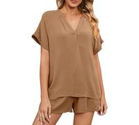 Genérico Conjunto de pantalones cortos holgados con cuello en V para mujer, traje informal para el, primavera/verano, Color sólido (Khaki, S)