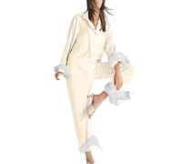 Genérico Conjunto de Pijama de Plumas para Mujers, de Seda, de satén, de Manga Larga, con Botones, Pantalones Largos, Ropa de Dormir Suelta, Ropa de Dormir
