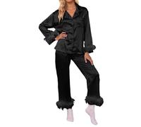 Genérico Conjunto de Pijama de Plumas para Mujers, Ropa de Dormir Suelta, de Seda, de satén, de Manga Larga, con Botones, Pantalones Largos, Ropa de Dormir