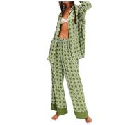 Genérico Conjunto De Pijama Mujer Verano Pijama Saten Silk Satin Pajamas Set For Women 2 Piece Wide Leg Pants Set Long Sleeve Down Shirts Entretiempo Mujer Women Secret Green L