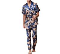 Genérico Conjunto De Pijama para Hombre - Pantalones de Manga Corta para Hombre Conjuntos de Pijamas de Dos Conjuntos de Pijamas de Seda de Hielo con Estampado de Primavera para el (Blue XXL)