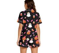 Genérico Conjunto de Pijama para Mujer con Cuello Solapa, Camiseta de Manga Corta y Pantalones Cortos, Estampado de Fantasmas para Halloween, Ropa de hogar cómoda para Descanso en casa