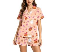Genérico Conjunto de Pijama para Mujer con Cuello Solapa, Camiseta de Manga Corta y Pantalones Cortos, Estampado de Fantasmas para Halloween, Ropa de hogar cómoda para Descanso en casa
