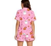Genérico Conjunto de Pijama para Mujer con Cuello Solapa, Camiseta de Manga Corta y Pantalones Cortos, Estampado de Fantasmas para Halloween, Ropa de hogar cómoda para Descanso en casa