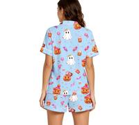 Genérico Conjunto de Pijama para Mujer con Cuello Solapa, Camiseta de Manga Corta y Pantalones Cortos, Estampado de Fantasmas para Halloween, Ropa de hogar cómoda para Descanso en casa